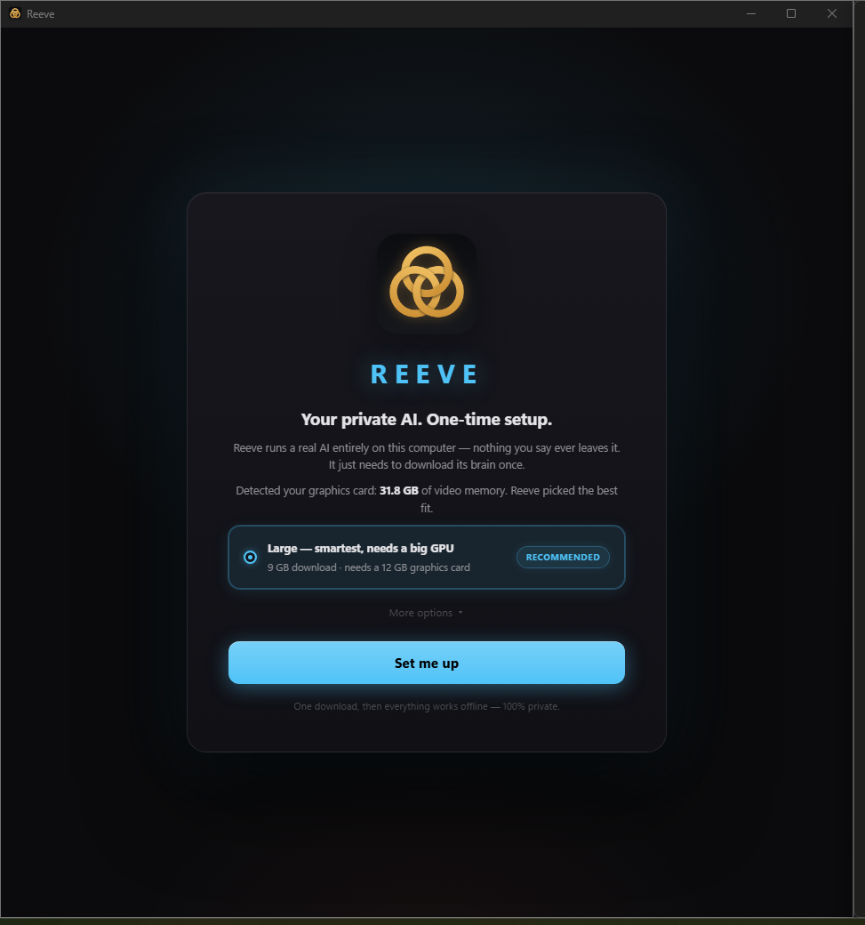 The Sevelle setup wizard detecting the graphics card and recommending a model